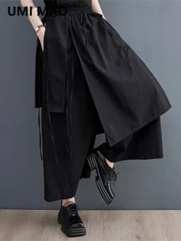 UMI MAO Women's Fashion Irregular Pants Elegant Apparel Below Ankle Smooth Black Bandage Style Summer Trousers Femme