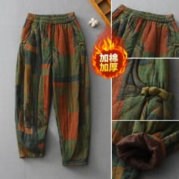 Vintage Print Cotton Linen Harem Pants Women's Winter Fashion Thicken Warm Loose Casual Trouser Chinese Style Home Cozy Clothing