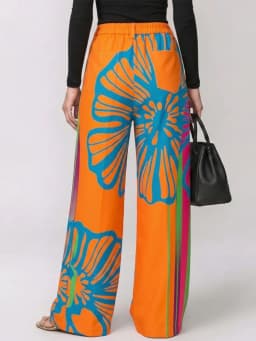 UOOZEE Woemn's Elegant Floral Printed High Waist Wide Leg Pants Fashion Metal Eyelet Hollow Out Pocket Casual Party Trousers