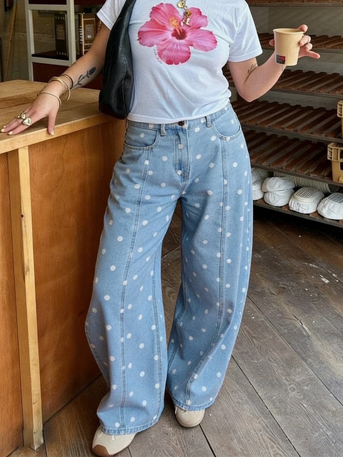 Women's Y2k Polka Dot Barrel Jeans Coquette High Waisted Baggy Cute Denim Pants Teen Girls Streetwear