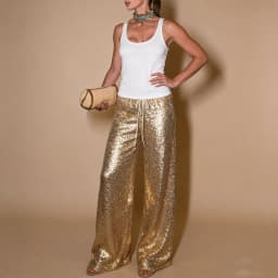 Luxury Gold Sequin Wide Leg Pants Women Elegant Drawstring Waist Loose Glitter Trousers Formal Party Cocktail Night Out Pants