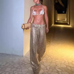 Luxury Gold Sequin Wide Leg Pants Women Elegant Drawstring Waist Loose Glitter Trousers Formal Party Cocktail Night Out Pants