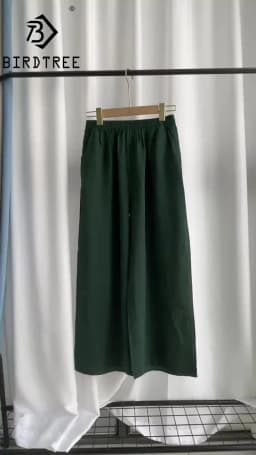 Birdtree, Summer 100% Silk Crepe Dechine Pants, Women Wide Leg Trousers, Solid Elastic Waist Cropped Pant, New 2023 B35852C
