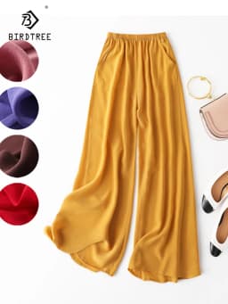 Birdtree, Summer 100% Silk Crepe Dechine Pants, Women Wide Leg Trousers, Solid Elastic Waist Cropped Pant, New 2023 B35852C