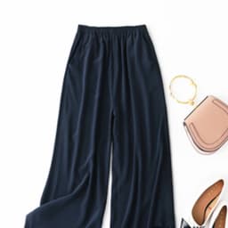 Birdtree, Summer 100% Silk Crepe Dechine Pants, Women Wide Leg Trousers, Solid Elastic Waist Cropped Pant, New 2023 B35852C