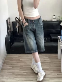 HOUZHOU Y2K Vintage Women Denim Shorts Baggy High Waist Korean Wide Leg Jorts Casual Oversize Washed Jeans Streetwear Summer