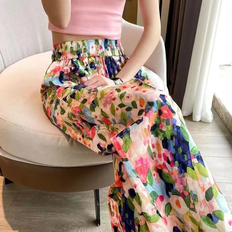 Beach Pants Loose Wide-Leg Pant Female Seaside Leisure INS High Waist Cropped Pant Straight Floral Trousers 2024 Summer New