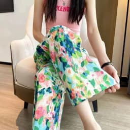Beach Pants Loose Wide-Leg Pant Female Seaside Leisure INS High Waist Cropped Pant Straight Floral Trousers 2024 Summer New