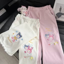 Japanese Kawaii Casual Bunny Print Pants Plush Trim Ribbed Fabric White Harajuku Subculture Bottoms 2026 Spring Streetwear