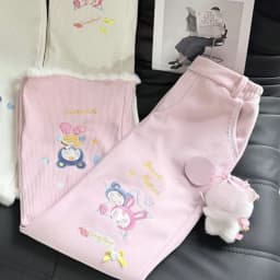 Japanese Kawaii Casual Bunny Print Pants Plush Trim Ribbed Fabric White Harajuku Subculture Bottoms 2026 Spring Streetwear