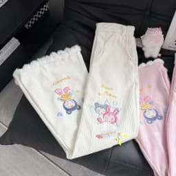 Japanese Kawaii Casual Bunny Print Pants Plush Trim Ribbed Fabric White Harajuku Subculture Bottoms 2026 Spring Streetwear