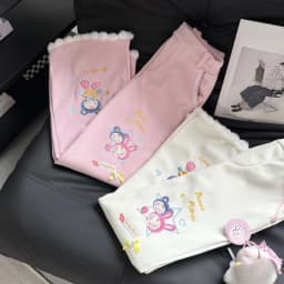 Japanese Kawaii Casual Bunny Print Pants Plush Trim Ribbed Fabric White Harajuku Subculture Bottoms 2026 Spring Streetwear