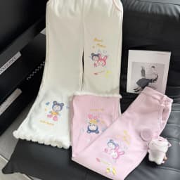 Japanese Kawaii Casual Bunny Print Pants Plush Trim Ribbed Fabric White Harajuku Subculture Bottoms 2026 Spring Streetwear