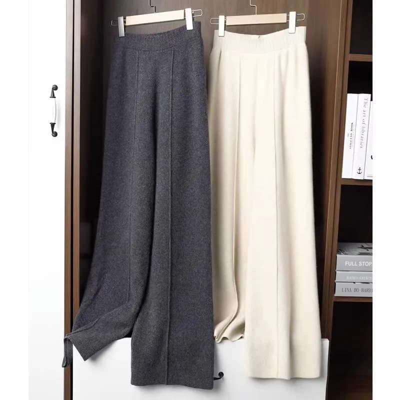 2024 Wide-Leg Pants Women's Mid-Stitching Modified Leg Shape Loose Slimming Knitted High Waist Pants Solid Color Trousers Women