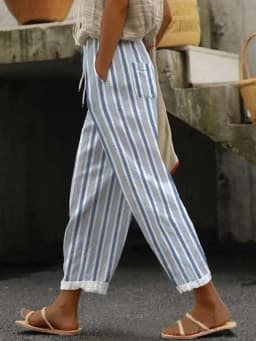 2026 Women's Loose Casual Trousers Floral Pattern Print Retro Drawstring Cross-pants Ladies Rolled Hem Cotton Linen Pants Female