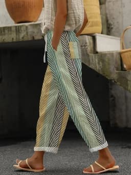 2026 Women's Loose Casual Trousers Floral Pattern Print Retro Drawstring Cross-pants Ladies Rolled Hem Cotton Linen Pants Female