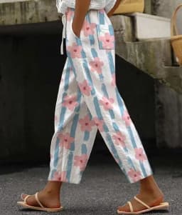 2026 Women's Loose Casual Trousers Floral Pattern Print Retro Drawstring Cross-pants Ladies Rolled Hem Cotton Linen Pants Female