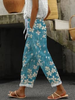 2026 Women's Loose Casual Trousers Floral Pattern Print Retro Drawstring Cross-pants Ladies Rolled Hem Cotton Linen Pants Female
