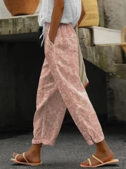 2026 Women's Loose Casual Trousers Floral Pattern Print Retro Drawstring Cross-pants Ladies Rolled Hem Cotton Linen Pants Female
