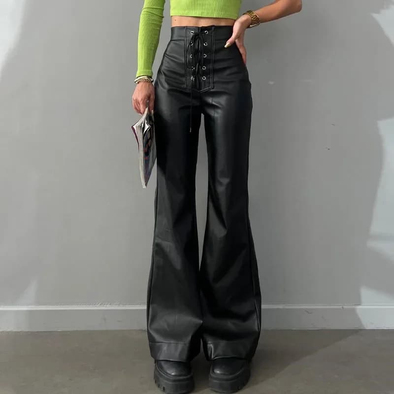 Solid Color Slim Flare Leather Pants For Women 2025 Fashion Vintage Elegant Women's High Waist Pants Female Streetwear Trousers