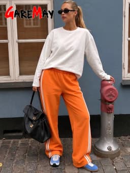 Red Women's Wide-leg Sweatpants Autumn Cotton High-waisted Classic Vintage Striped Oversize Sports Pants for Women Pinterest