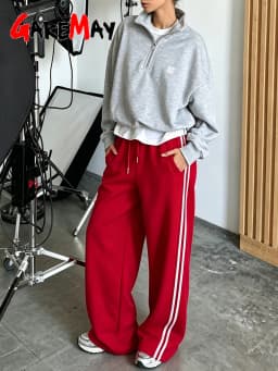 Red Women's Wide-leg Sweatpants Autumn Cotton High-waisted Classic Vintage Striped Oversize Sports Pants for Women Pinterest