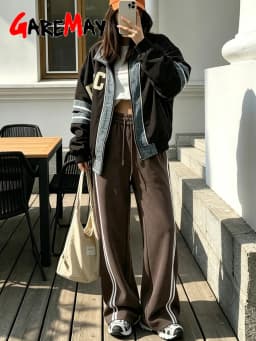 Red Women's Wide-leg Sweatpants Autumn Cotton High-waisted Classic Vintage Striped Oversize Sports Pants for Women Pinterest