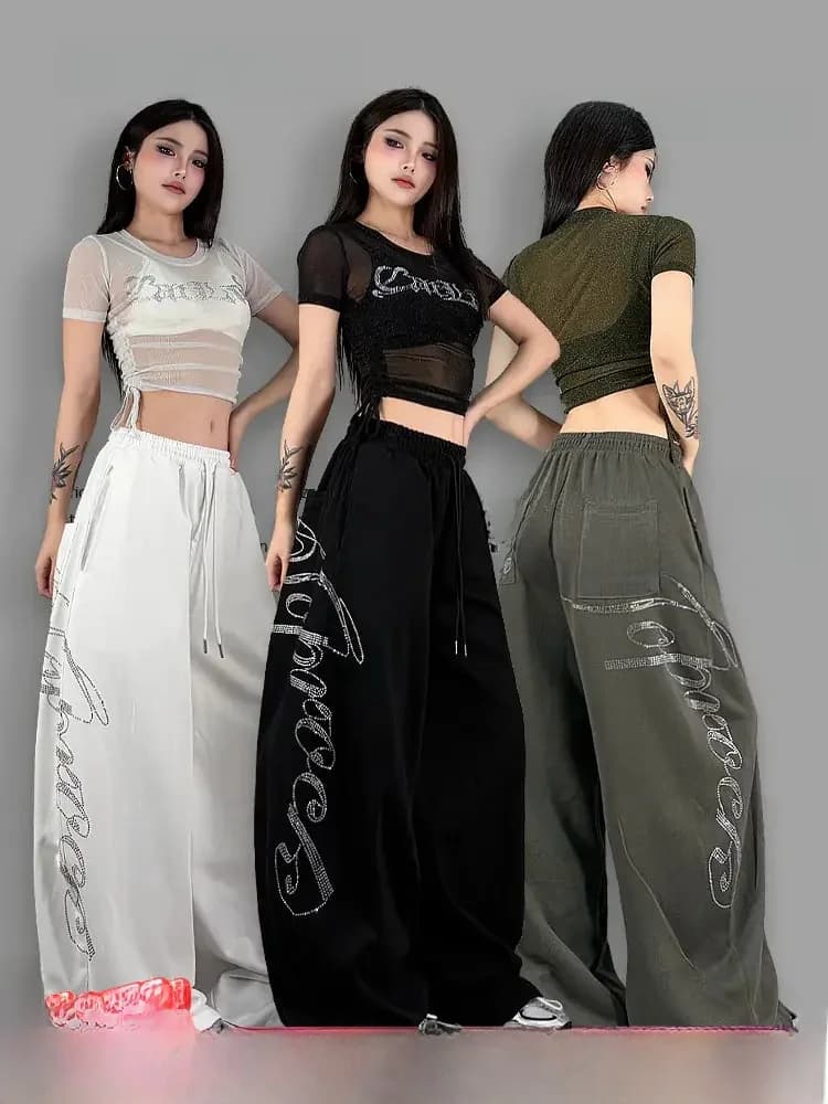 ROKBBK-K Glitter High Waist Wide Leg Pants Women's Street Dance Casual Loose Fashion Cotton Drill Lettering Trousers
