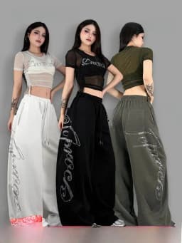 ROKBBK-K Glitter High Waist Wide Leg Pants Women's Street Dance Casual Loose Fashion Cotton Drill Lettering Trousers
