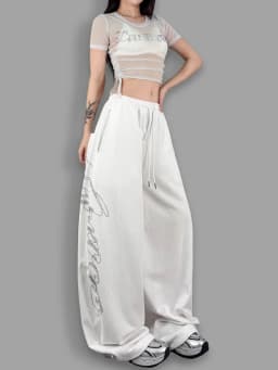 ROKBBK-K Glitter High Waist Wide Leg Pants Women's Street Dance Casual Loose Fashion Cotton Drill Lettering Trousers