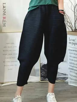LANMREM Harem Pants For Women Elastic Waist Solid Color Pockets Pleated Trousers Female Casual Style 2023 Autumn New 2P2228
