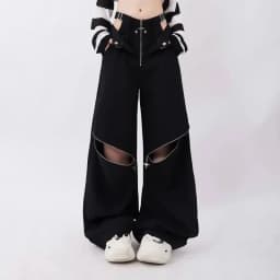 American Retro Hot Girl Black Work Pants Women Y2K Zipper Design Loose Long Casual Trousers Female Model Recommendation