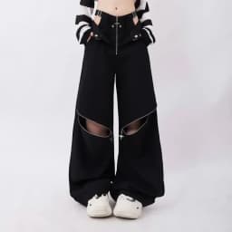 American Retro Hot Girl Black Work Pants Women Y2K Zipper Design Loose Long Casual Trousers Female Model Recommendation