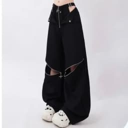 American Retro Hot Girl Black Work Pants Women Y2K Zipper Design Loose Long Casual Trousers Female Model Recommendation