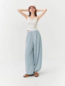 FSLE 2026 Summer Women Balloon Pants High Waist Elastic Waist Leg Culottes Loose Fit Tapered Cargo Joggers Vacation Boho Style