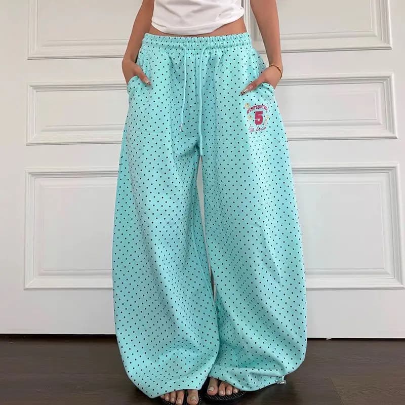 Y2K American 2000s Vintage Teal Turquoise Polka Dot Sweatpants Women Wide Leg Baggy Joggers Drawstring Elastic Lounge Pants