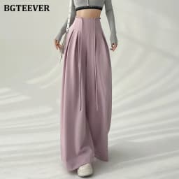 BGTEEVER Stylish Lace-up High Waist Floor-Length Suit Pants Women Spring Summer Loose Pockets Wide Leg Trousers Women