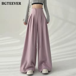 BGTEEVER Stylish Lace-up High Waist Floor-Length Suit Pants Women Spring Summer Loose Pockets Wide Leg Trousers Women