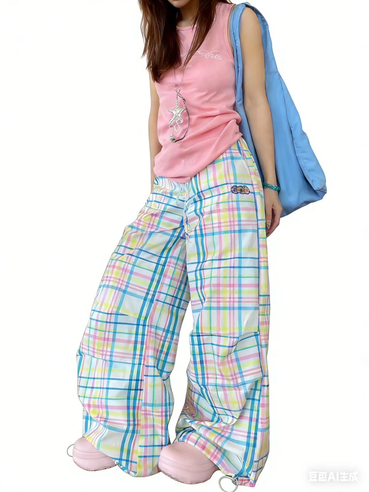 Y2K Pastel Plaid Wide Leg Cargo Pants | Drawstring Waist Baggy Trousers with Hem Toggle 90s Retro Streetwear Sweet Preppy Style