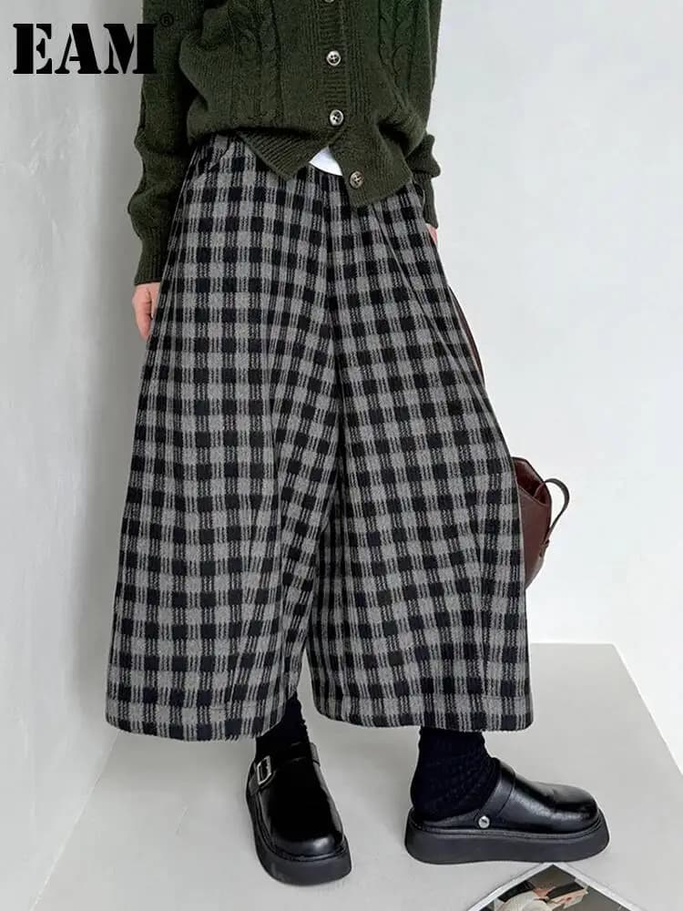 EAM Plaid High Elastic Waist Wide Leg Ankle Length Vintage Pants New Trousers Women Fashion Tide Autumn 2026 30A4051