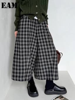 EAM Plaid High Elastic Waist Wide Leg Ankle Length Vintage Pants New Trousers Women Fashion Tide Autumn 2026 30A4051