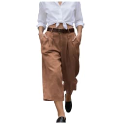 Women's High Waist Pleated Linen Culottes Wide Leg Cropped Trousers With Pockets Casual Office Lady Loose Fit Straight Leg Pants