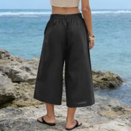 Women's High Waist Pleated Linen Culottes Wide Leg Cropped Trousers With Pockets Casual Office Lady Loose Fit Straight Leg Pants