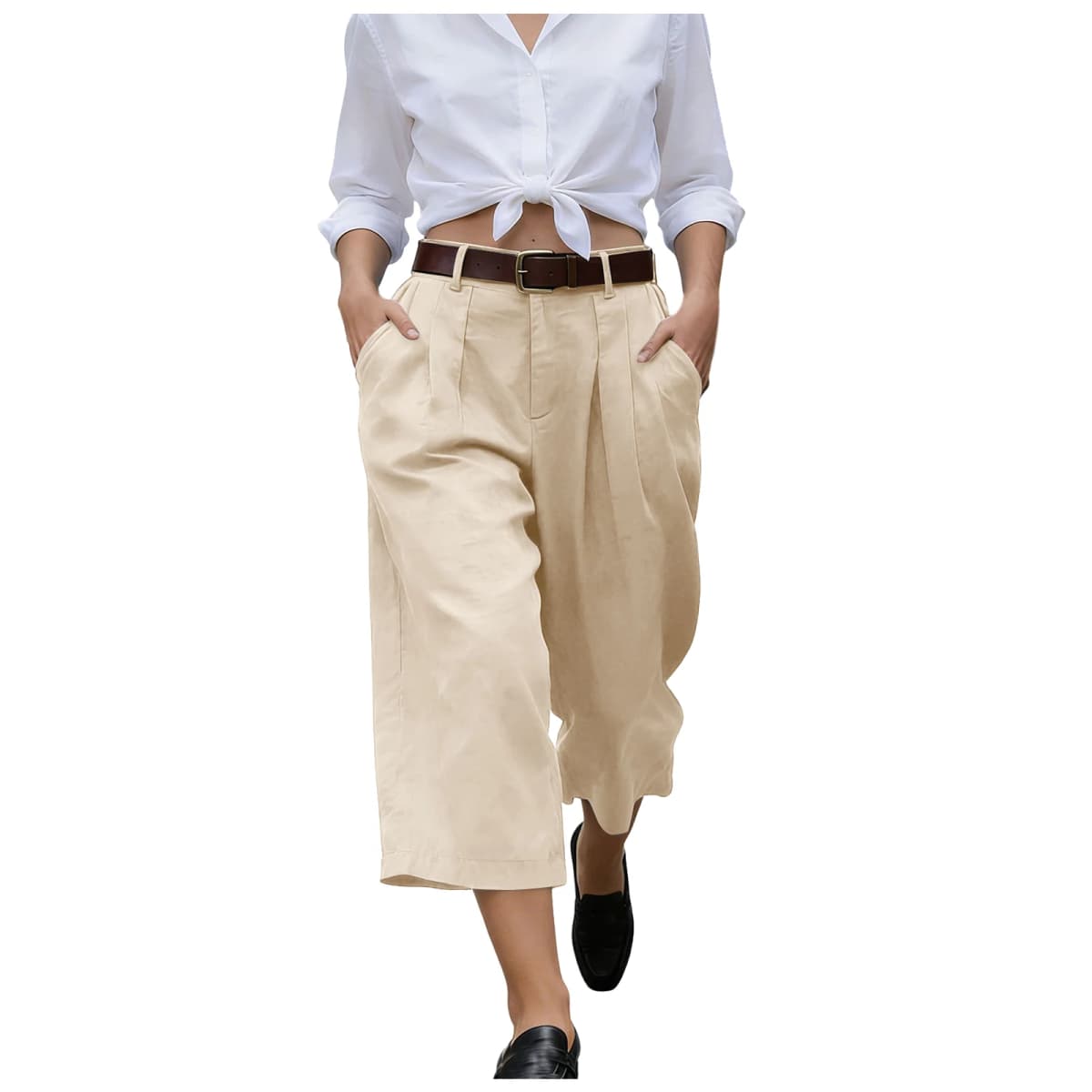 Women's High Waist Pleated Linen Culottes Wide Leg Cropped Trousers With Pockets Casual Office Lady Loose Fit Straight Leg Pants