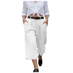 Women's High Waist Pleated Linen Culottes Wide Leg Cropped Trousers With Pockets Casual Office Lady Loose Fit Straight Leg Pants