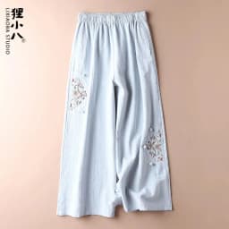 Women Casual Straight Pants Cotton Blended Female Trousers 2025 Flower Embroidery Loose Wide Leg Pants For Women Pantalon Femme