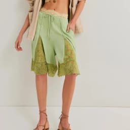 Combhasaki Women Knee Length Wide Leg Shorts Casual y2k Chic Floral Lace Hem Patchwork Elastic Mid Waist Bow Tied Loose Pants