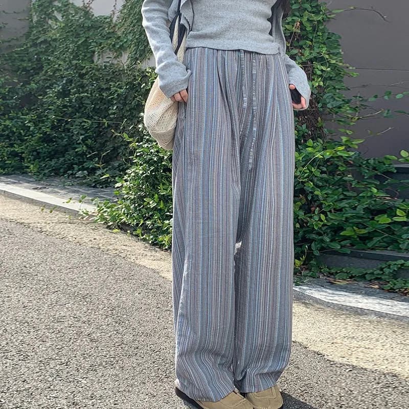 100% Cotton Casual Homewear Striped Trousers Women 2026 New Korean Summer Drawstring Elastic Waist Loose Pant Sleeping Pants