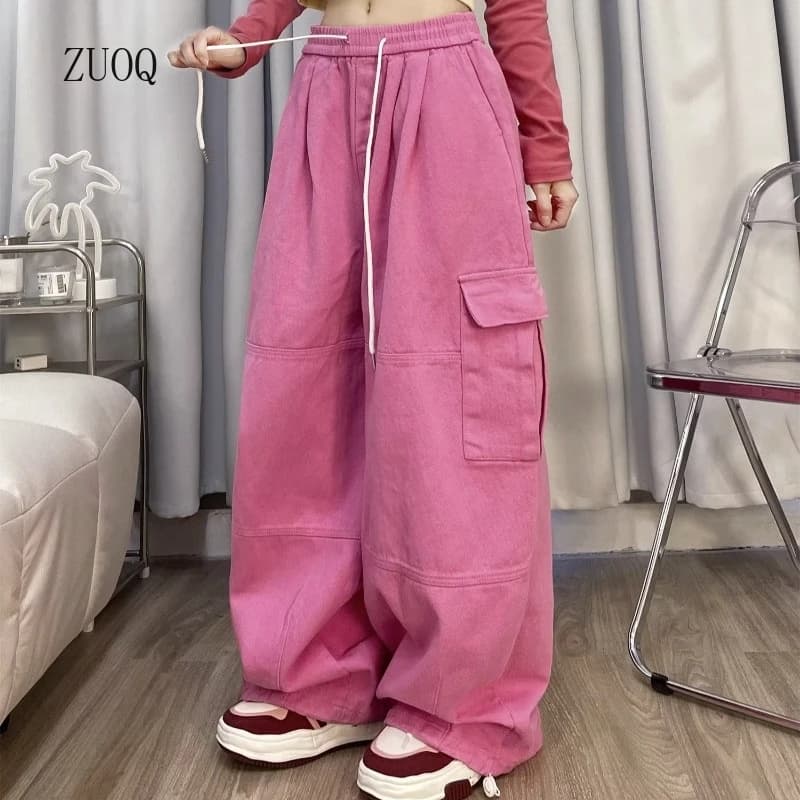 Cargo Pants Women Solid Color Japanese Loose Thin Straight Wide-leg High Waist Trousers High Street Basics Casual Pants Female