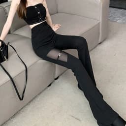 2026 Hotsweet Flare Pants Women Summer Thin Sexy Mesh Spliced Black Slim High Waist Solid Hollow Out Pant